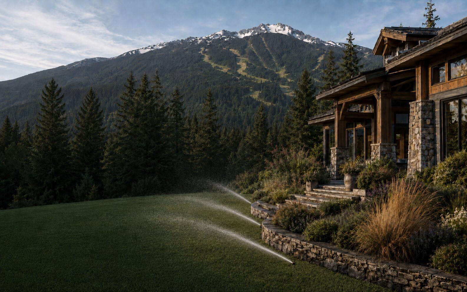 Landscaped Whistler mountain residence with its irrigation system operating