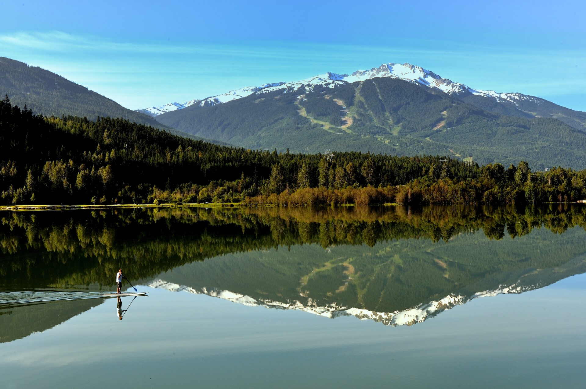 Whistler and Blackcomb mountains reflected in a calm lake
